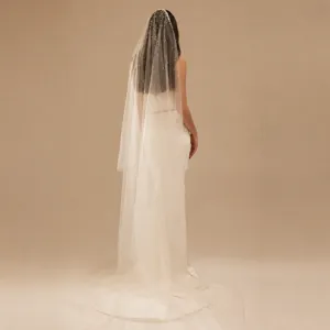 Cathedral length bridal wedding veil single layer pearl embellished white tulle wedding accessories