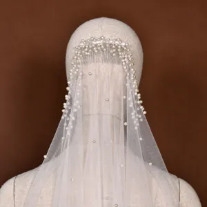 Bridal pearl veil single layer long wedding veil with metal comb elegant hair accessories