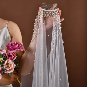 Bridal Wedding Veil Single Layer Cathedral Long Veil With Comb Artificial Pearl White Ivory Champagne Wedding Hair Accessories