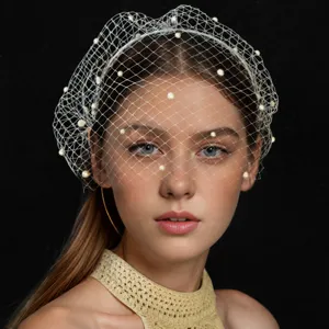 Cerchietto con velo a rete e perle vintage fascinator da sposa per feste donne