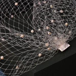 White bridal pearl birdcage veil hair comb, elegant wedding mesh veil hair accessory.