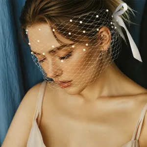 Vintage Bridal Pearl Mesh Veil Bowknot Tie Face Veil Headwear Women Wedding Party Hair Accessories