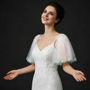 Maniche a mantella in tulle di pizzo bianco da sposa, elegante coprispalle nuziale corto.