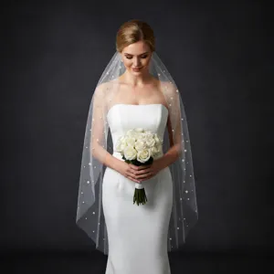 Elegante enkellaags bruidssluier met parels witte huwelijkssluier voor vrouwen haaraccessoires