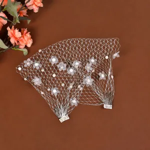 White mesh veil detail showing delicate floral and pearl decorations with side hair combs.