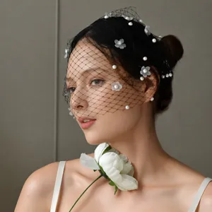 Black mesh veil hair comb with white flowers and pearls, vintage chic women hair accessory.