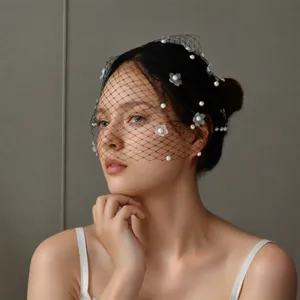 Retro Bridal Mesh Veil With Artificial Pearl And Floral Decoration Double Side Hair Combs Elegant Women Wedding Hair Accessories