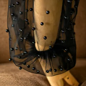 Elegant black pearl sheer mesh gloves and sleeves for women fashion accessory gothic style