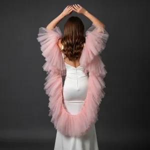 Scialle da Sposa Matrimonio in Nylon Multistrato Arricciato Fascia per Braccio Sospeso Rosa Pesca Accessori Abito da Sera