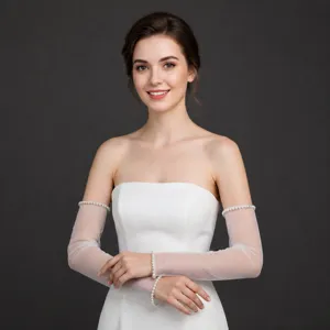 Gants de Mariée Sans Doigts en Maille avec Bord en Perle Artificielle Gants Doux et Délicats Transparents pour Fête de Femmes