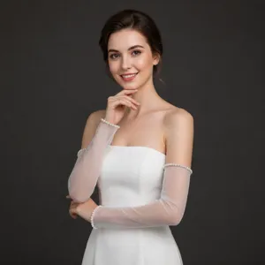 Gants de mariée en tulle perlé sans doigts manches de robe de mariée vue détaillée