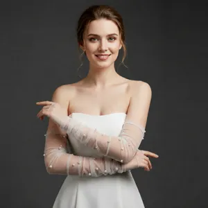 Elegante französische Perlen Netz Brauthandschuhe lange fingerlose Hochzeitsarme.