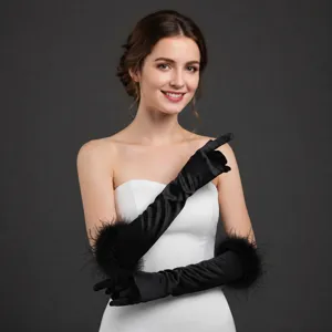 Eleganti Guanti Lunghi in Raso Con Bordo in Piuma Sopra il Gomito Sera Festa Matrimonio Sposa Guanti per Donna Moda