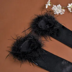 Guanti lunghi in satin nero con polsini in piuma accessori da sposa eleganti per cerimonia