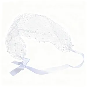 White vintage pearl birdcage veil bridal face veil headpiece with ribbon bow for women