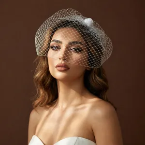French vintage bridal veil face net headdress elegant wedding photo hair accessory white