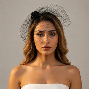 French vintage bridal mesh veil headpiece with black flower for wedding photo shoots 85g