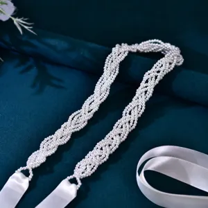 Handmade Artificial Pearl Bridal Waist Belt Wedding Dress Ribbon Waistband Women Decorative Accessories