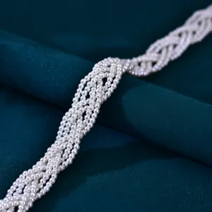 Bridal pearl belt handmade woven wedding dress accessory white beaded sash detailed view