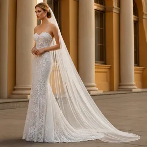 Long Voile de Mariée Simple Couche Avec Peigne Bord Perlé Fait Main Blanc Ivoire Champagne Accessoires de Cheveux de Mariage