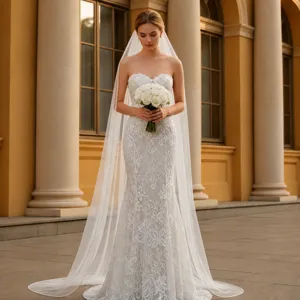 Long voile de mariée avec bordure perlée délicate et détail de robe de mariée sirène.