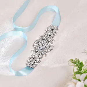 Bridal rhinestone pearl waist belt light blue ribbon wedding dress gown sash accessory