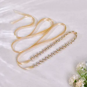 Bridal rhinestone belt with champagne satin ribbon wedding dress waist accessory sparkling