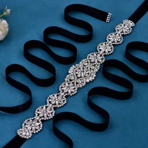 Elegant bridal rhinestone crystal belt black ribbon wedding dress sash accessories