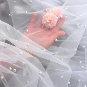 Weiß Elfenbein Mesh Stoff Perlenbesetzt Brautschleier Hochzeit Kleid Nähhandwerk Material DIY Spitzenstoff