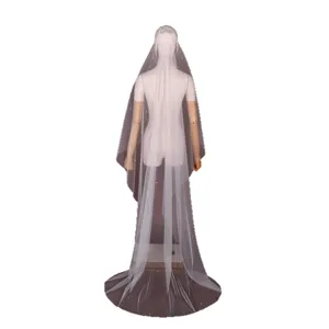Elegant long bridal veil with delicate pearls, classic French court style wedding hair accessory