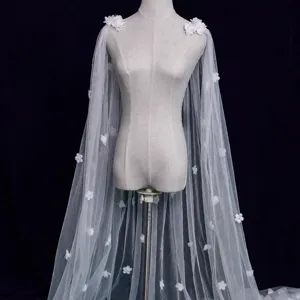 Women's Elegant Nylon Mesh Bridal Shawl Long Train Wedding Cape 3D Floral Decorative Evening Party Wrap