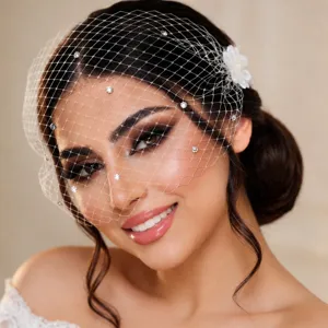 Bridal mesh face veil vintage rhinestone pearl wedding hair accessory elegant fascinator