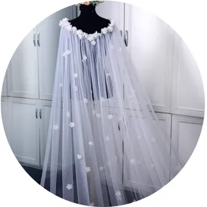 White bridal tulle cape with floral appliques long wedding cloak for women ceremony