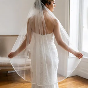 Magnifique voile de mariée mariage long une couche bord perles tulle blanc accessoire