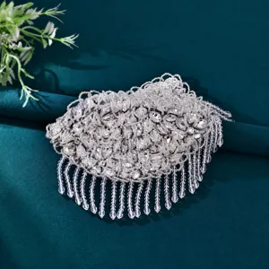 Handgemachte Perlen Strass Quaste Schulterpolster Applikation fuer Brautkleid Anzug Zubehör