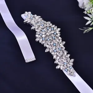 Handmade rhinestone bridal belt with blue pearls and white ribbon for wedding dress