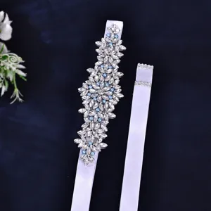 Bridal rhinestone ribbon belt with blue pearls handmade wedding dress sash accessory elegant white
