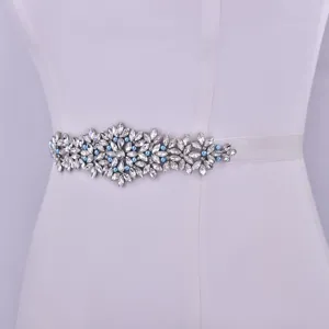 Stunning handmade bridal rhinestone belt with blue pearls and white ribbon for weddings.