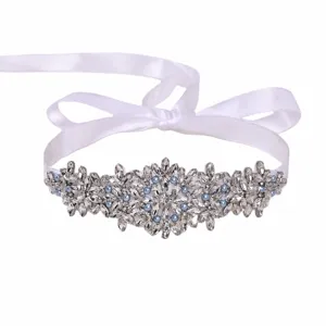 Handmade bridal rhinestone belt with blue pearls and white satin ribbon wedding dress