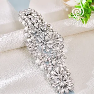 Bridal rhinestone crystal belt wedding dress sash with pearls and ribbon decoration.