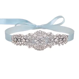 Bridal rhinestone belt with light blue ribbon wedding dress accessory crystal sash