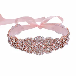 Cintura da sposa in strass con nastro rosa, fascia in cristallo oro rosa per accessori.