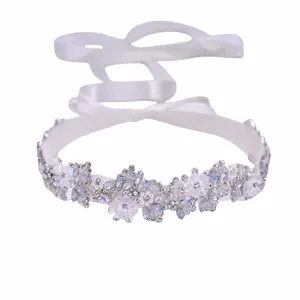 Bridal rhinestone sash belt with opal crystals pearls and ribbon for wedding dress accessories