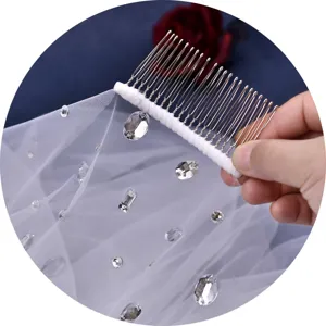 White bridal hair comb veil with sparkling rhinestones, elegant wedding hair accessory main view