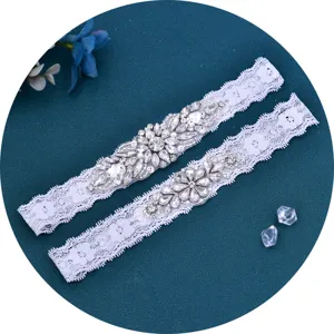 Weißes spitzen braut strumpfband set mit kristall strass applikationen für hochzeit