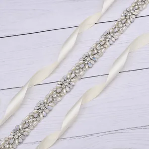 Handmade rhinestone pearl bridal belt wedding dress sash with white satin ribbon accessory