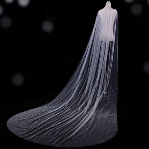 Elegant white bridal pearl cape for wedding, sheer mesh long cloak veil with gorgeous pearls.