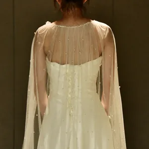 Bridal pearl cape mesh wedding shawl long draped cloak bridal accessory back view main image