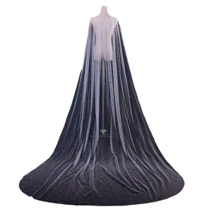 Elegant bridal pearl tulle long cape wedding cloak sheer shawl back view white piece