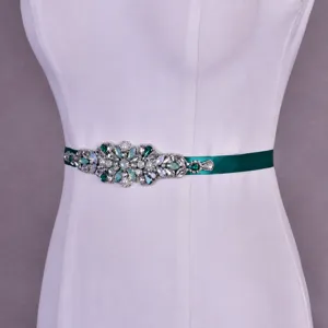 Bridal wedding dress crystal rhinestone belt with green satin ribbon elegant accessory